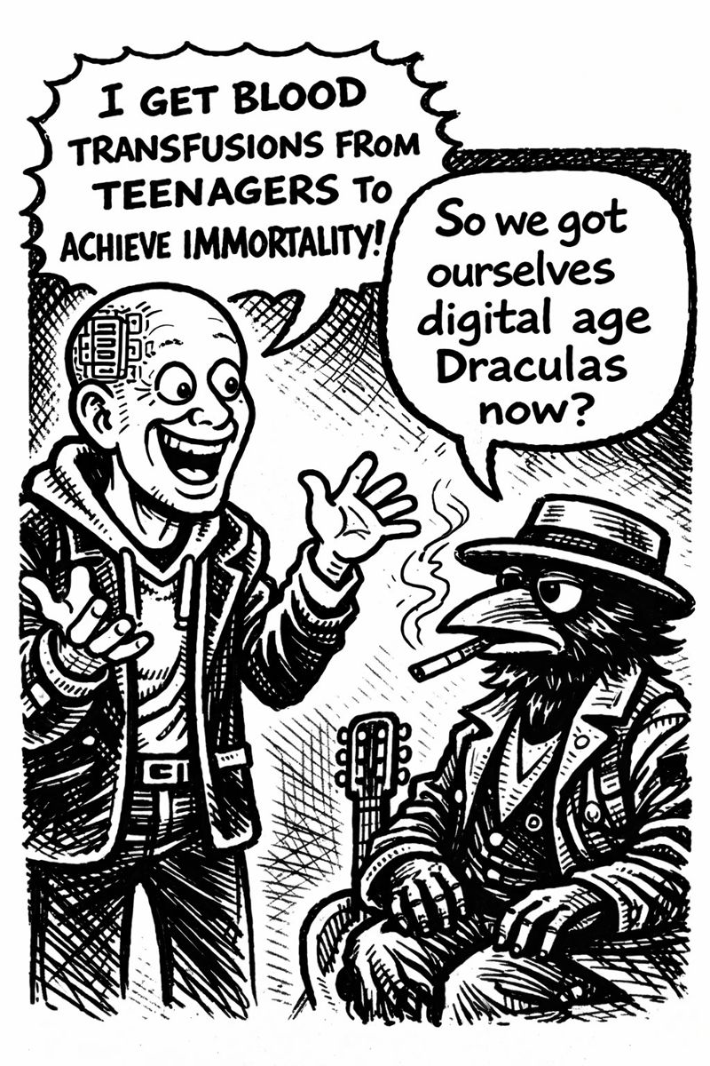 crow joe in the age of ai comic - the transhumanist, cluelessly over eager techbro technocrat with business suit over hoodie and visible brain chip, exclaims 'i get blood transfusions from teenagers to achieve immortality!' crow joe the blue playing crow responds 'so we got ourselves digital age Draculas now?' . Technocratic billionaires and futurists, notably investors like Peter Thiel, have explored therapies like parabiosis (the infusion of young blood plasma into older individuals) to reverse aging and rejuvenate cellular function.  It is not far from vampirism.